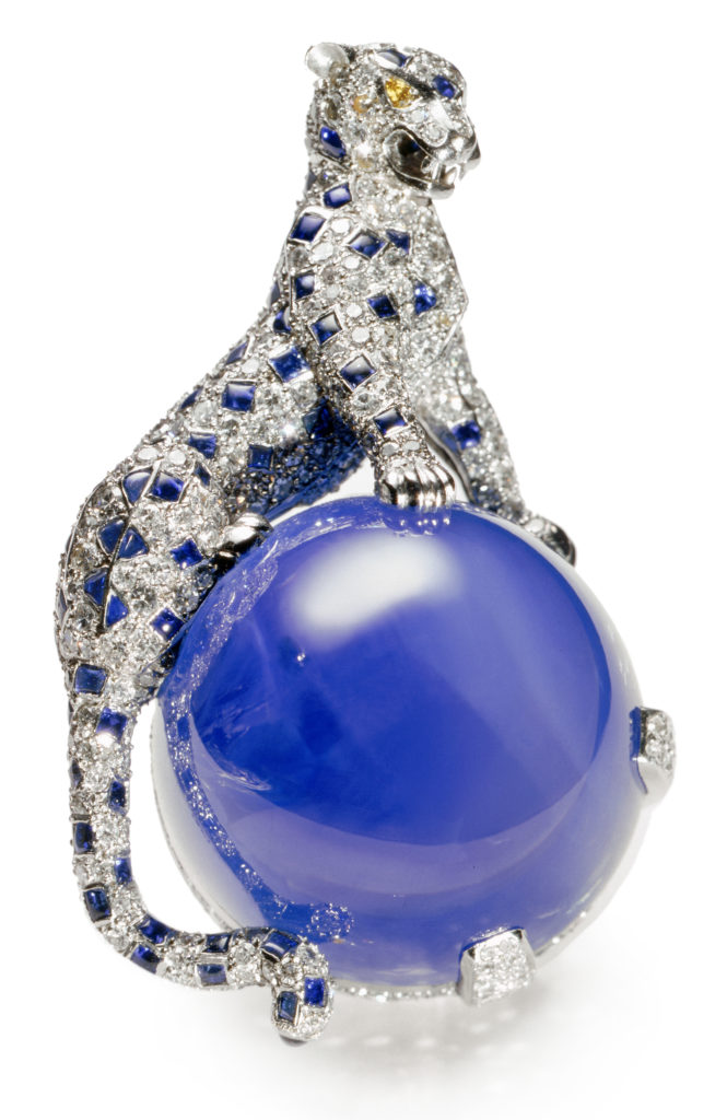 The Duchess of Windsor's three-dimensional platinum panther atop a 152.35-carat Kashmir sapphire cabochon. STUDIO GÉRARD, CARTIER COLLECTION © CARTIER 